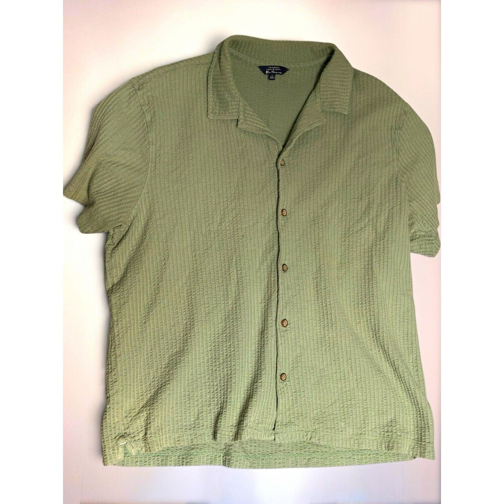 Ben Sherman The Original Men's Green Solid Knit Short Sleeve Button-Up Shirt L